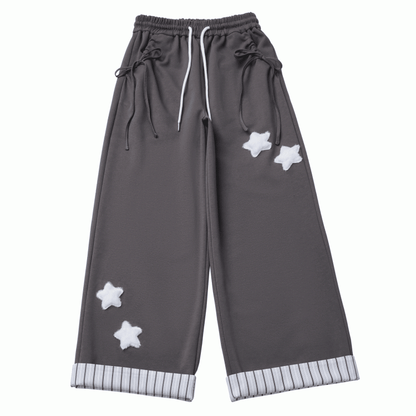 Gray/Black/Beige Plush with Rolled Star Cuffs Appliques Dark Sweatpants Striped