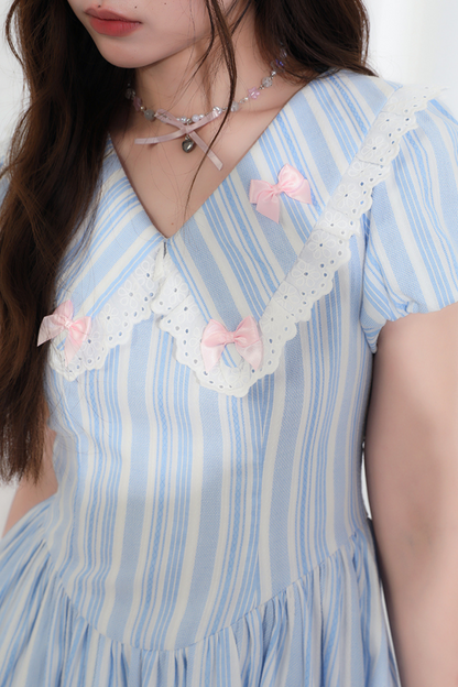 Kleid Schleife Spitze Blau Streifen