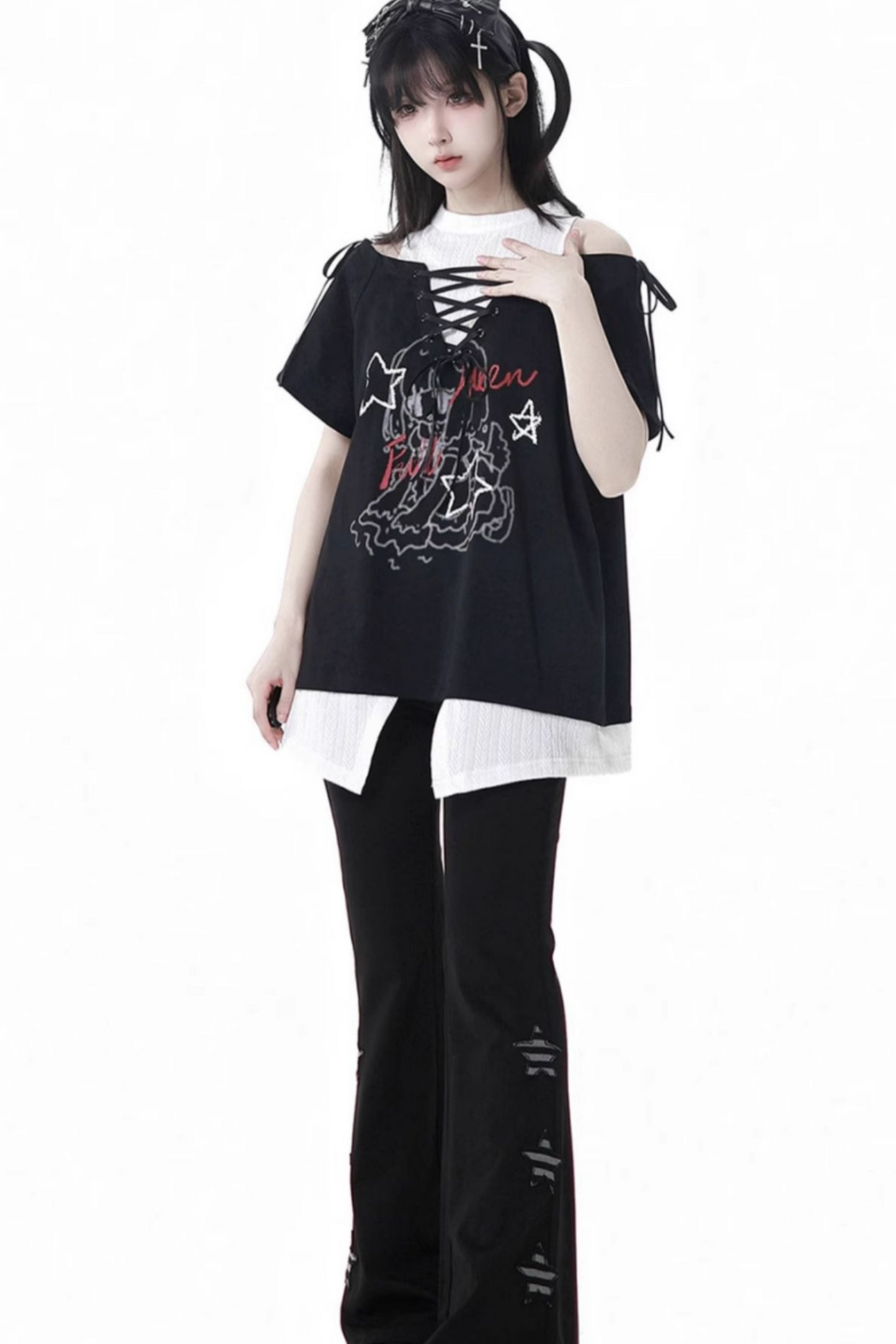 トップパンツイラスト + ガールサブカルチャーレースアップフレア