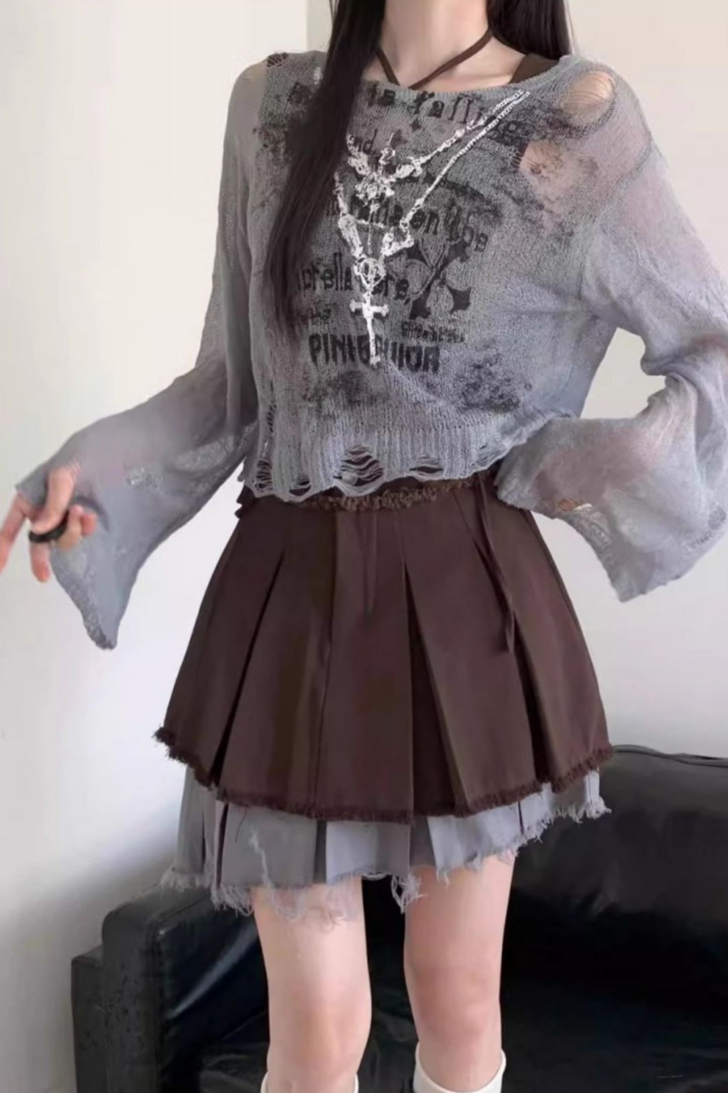 スカート + ブルーのビスチェトップ、ダークチェック、Y2K、アシンメトリー