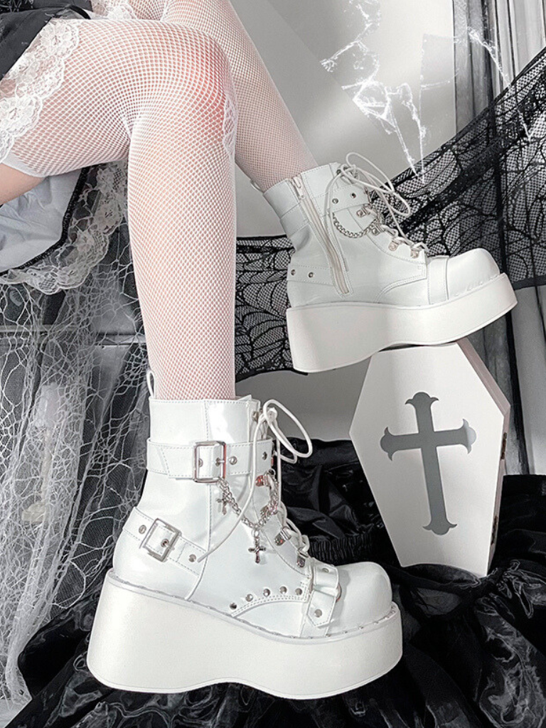 Boots Platform Round Punk Cross Toe