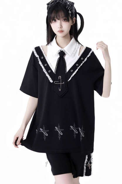 ウォーマーズ ルーズドレス ハーフトップ フード付きネクター + フリルレッグパンツ