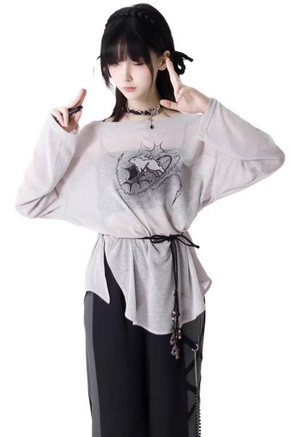 モードなトップスTシャツパンツワイド+デザインレースアップウエスト