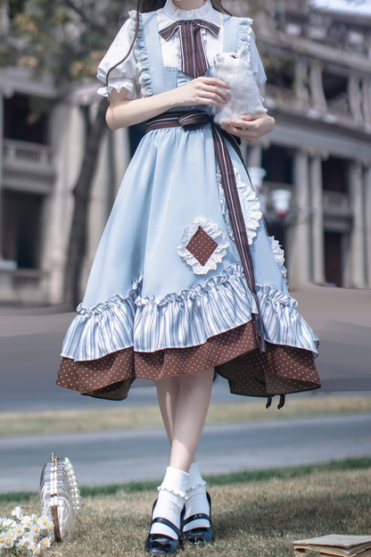 リボンシャツ レトロなヘアゴム ご予約＋ブローチ アリス風クリップスカート サスペンダー