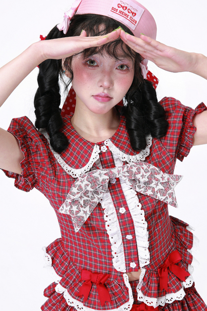 レトロトップスリーブチェックパフ