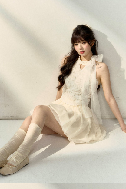 ロング丈＆スイートなノースリーブショートフラワーフレンチスカートバルーントップ