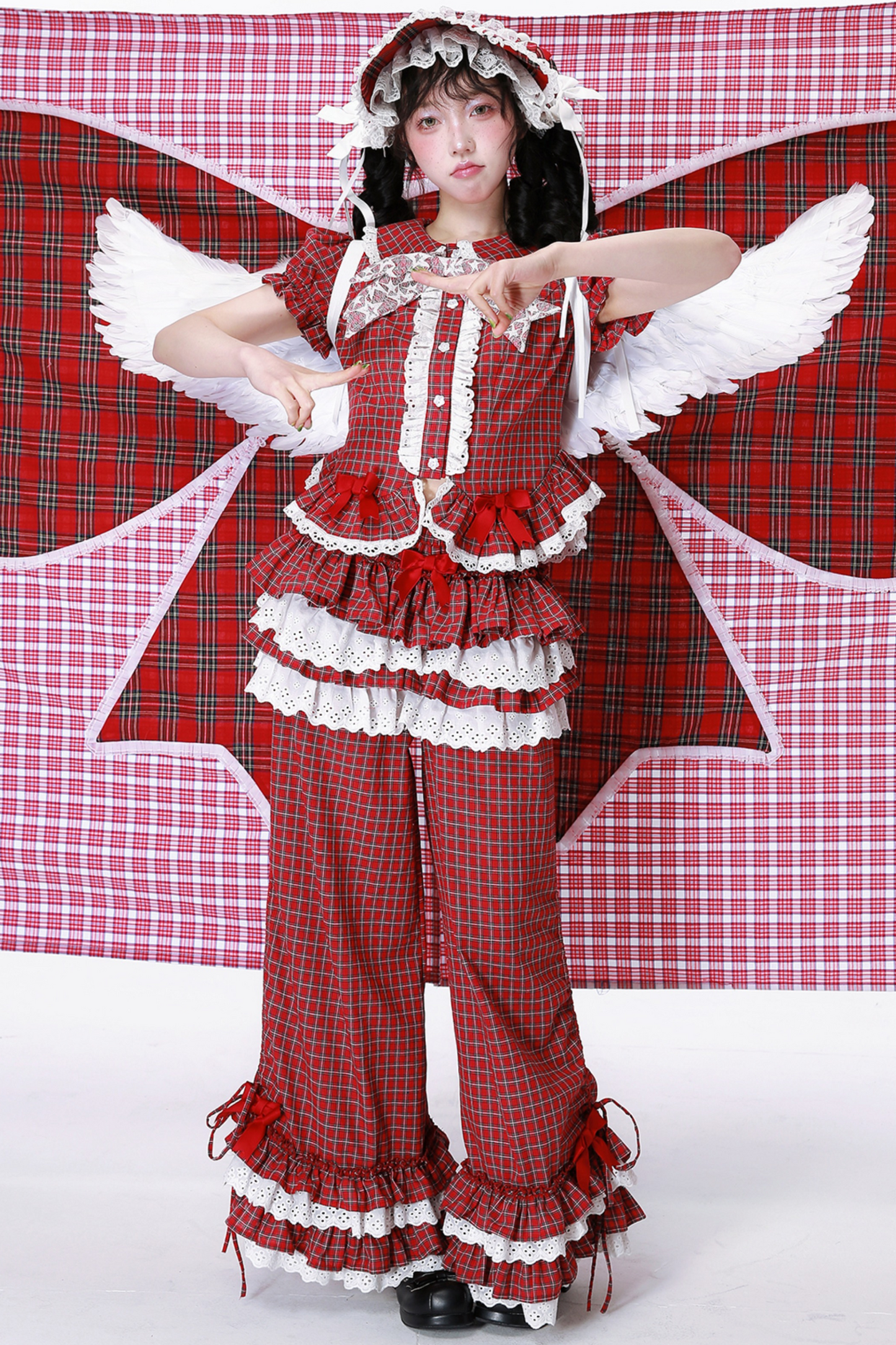 Lange Spitzenhose Retro Rüschen Karo