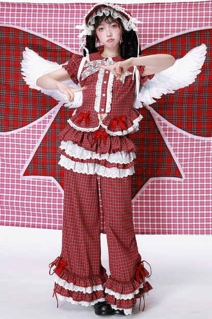 Lange Spitzenhose Retro Rüschen Karo