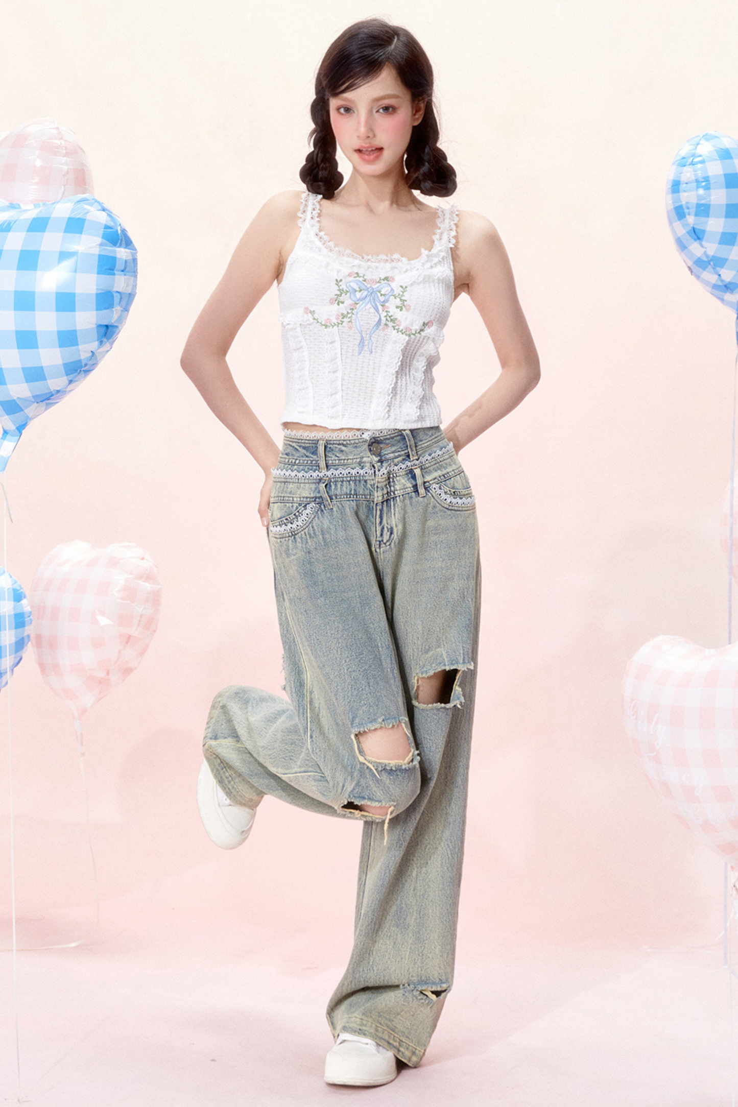 Design Top Korsett Spitze Süße Schleife