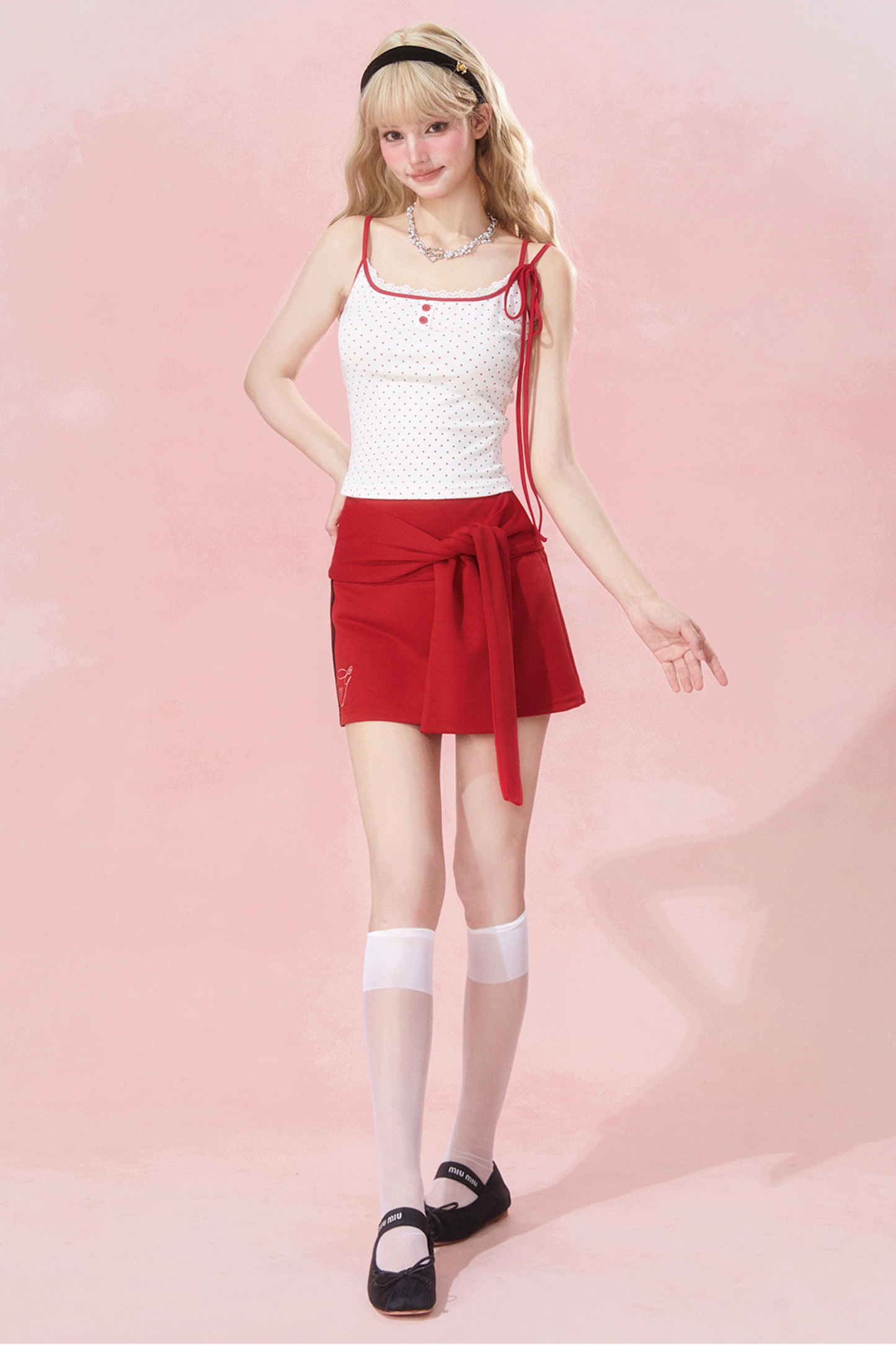 リボンドットスカート スリムキャミソール +