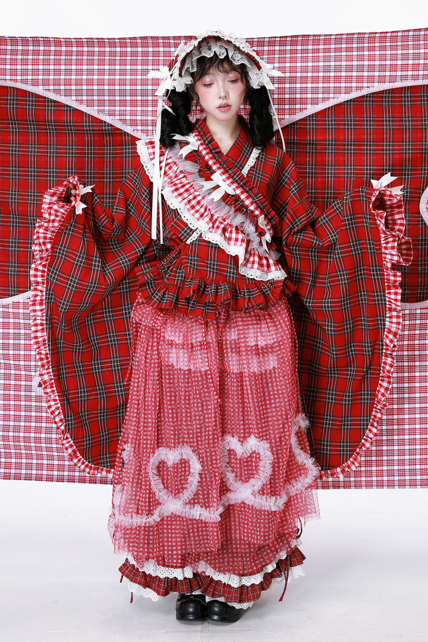 レトロチェック着物風トップス