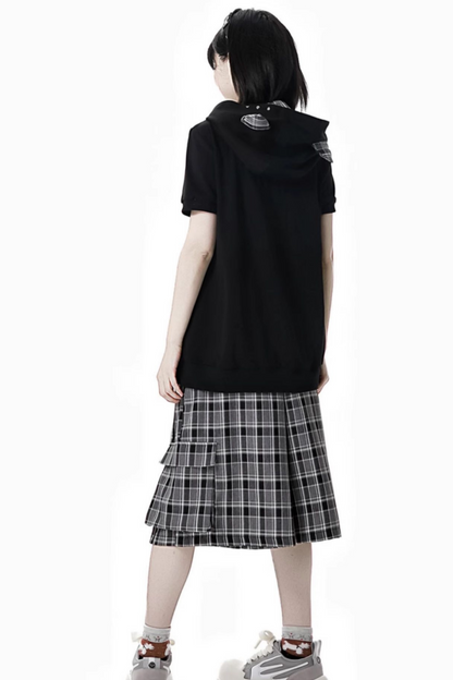 + ハーフチェックフード付きトップスパンツシャツ