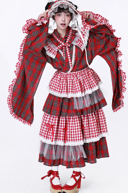 Schicker Kimono Rot Karierter Rock Retro