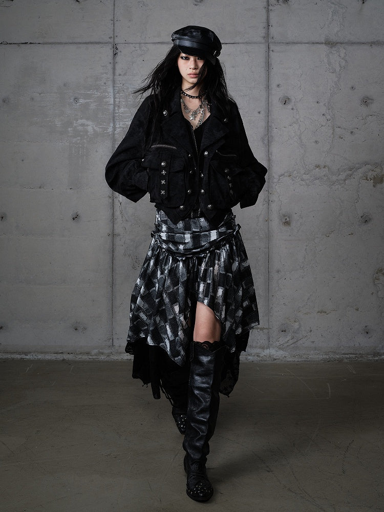 Faux Pockets Studded with Jacket Black Punk Collar Fur Suede Embellishments Detachable 3D