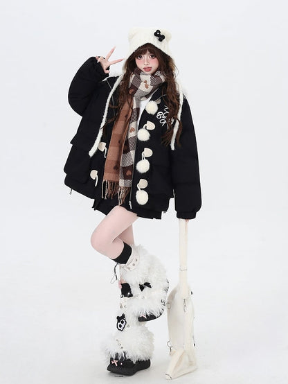 ブラックアプリコットフリース裏地フェイクファートリムフード付きコート