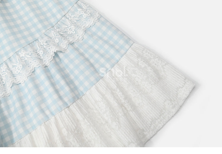 Blau-weißer Mori Kei-Rock mit hoher Taille und Patchwork-Karomuster