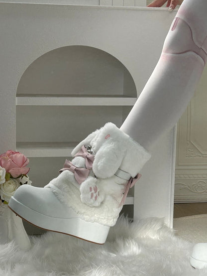 Sweet and Bunny - Regular/Fleece-Lined Studs Winter Bows Ear Boots Platform Version with White