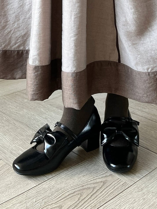 Mid Lolita PU Herz mit Details aus Leder Schwarze Schleife Verzierter Verschluss Edle Heels