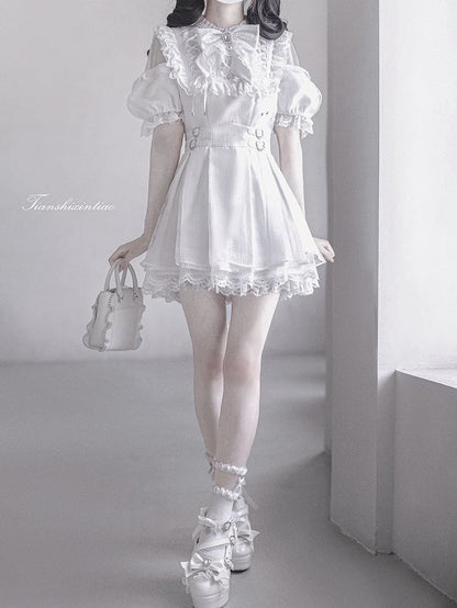 Waist Kei with Dress Neckline Buckles Heart Open Lace-up Jirai Shoulder White