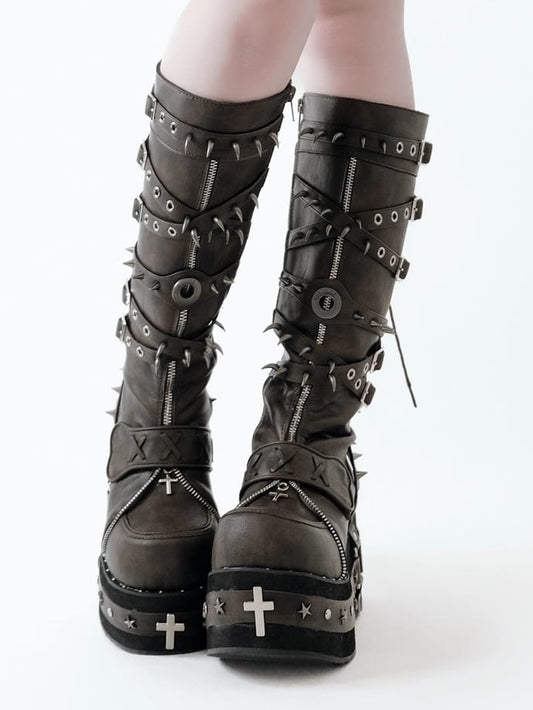 in Platform Cross Brown PU Heel with Decor - Studs Boots Style Punk Embellishments Leather Knee
