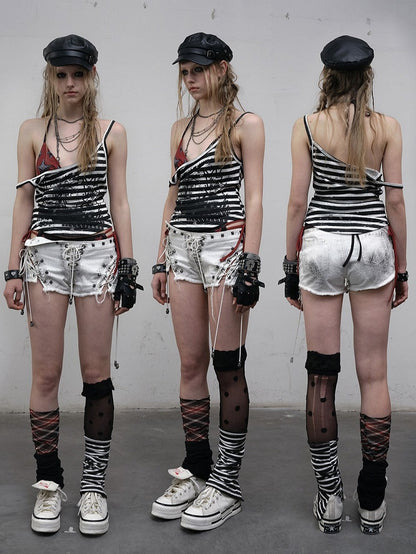 Star-Print Swimsuit Black Bikini with Punk Tie Set Plaid Details Red