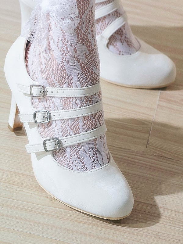Lolita High-heel Suede Fashion Elegant Detail Strap White Buckle for with Janes Mary Triple