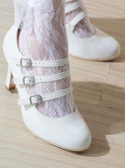 Lolita High-heel Suede Fashion Elegant Detail Strap White Buckle for with Janes Mary Triple