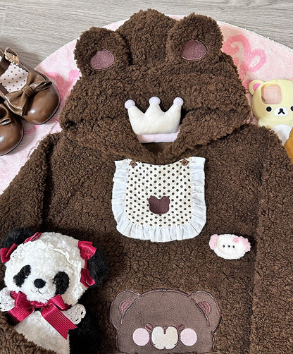 Brown Plush Fleece Hoodie with Bib Design