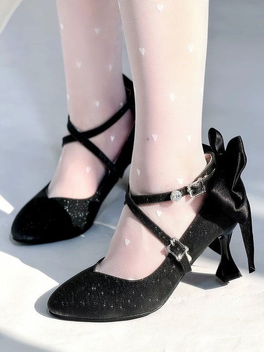 Elegant Bow Upper Glittered Back and Crystal Straps - Lolita with Stilettos Crisscross Pointed Toe Black