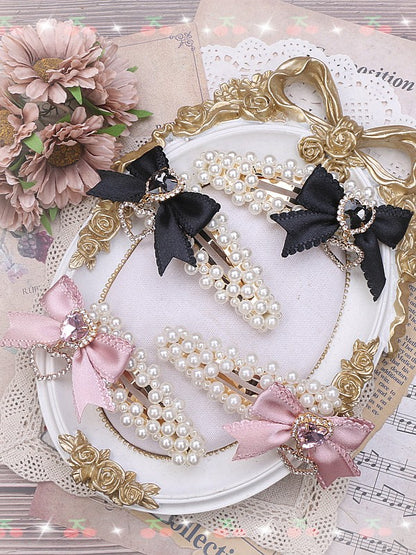 Rhinestone Heart Jirai Bowknot Kei Pearl Hairclip Black/Pink
