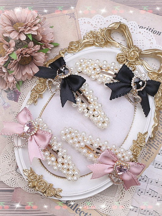 Rhinestone Heart Jirai Bowknot Kei Pearl Hairclip Black/Pink