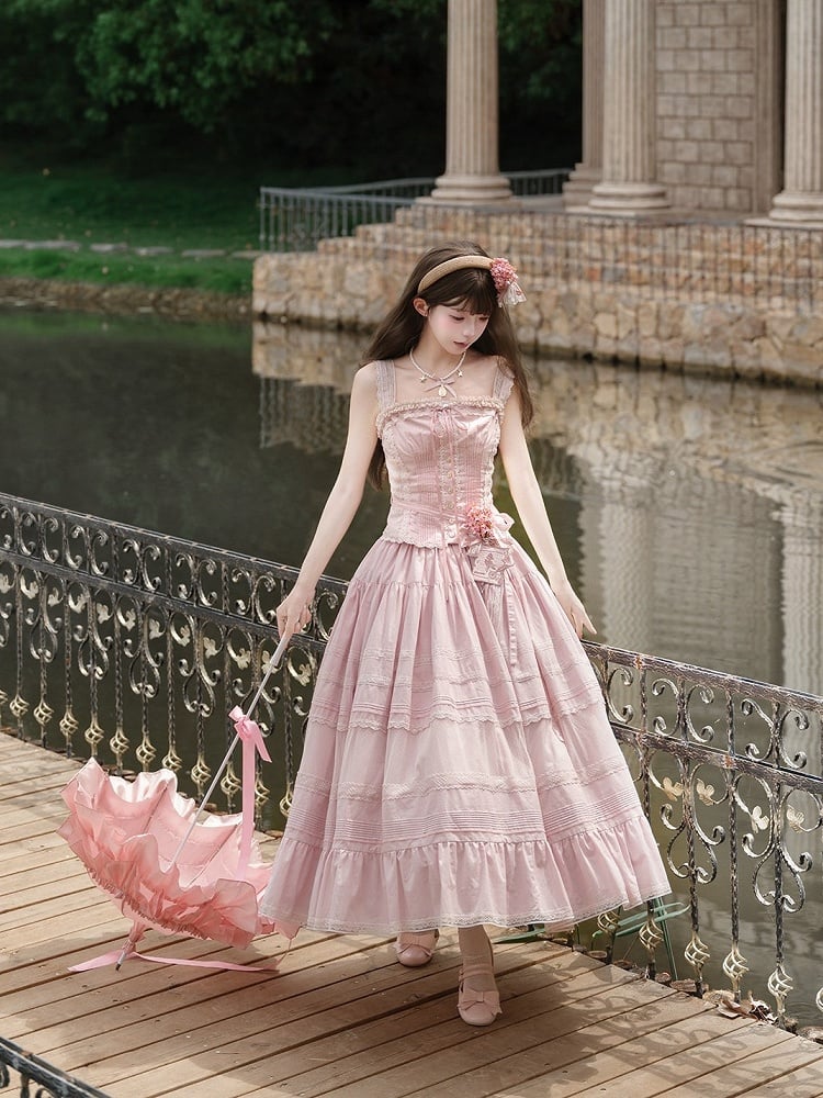 Pink Sweet Button Top with Lace Skirt Set - Penny House