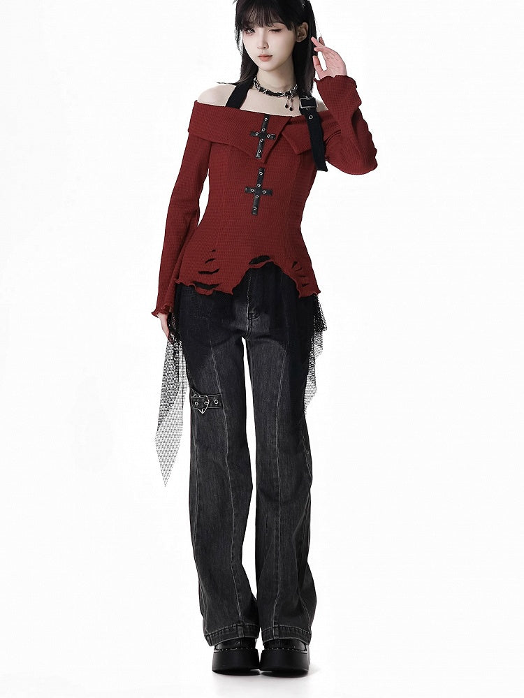 Detail Faded Wash Distressed Graue Schlagjeans mit Herzschnalle