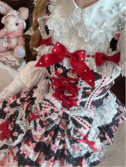 Set Black and Strawberry Desserts Full Sweet Print Lolita JSK /