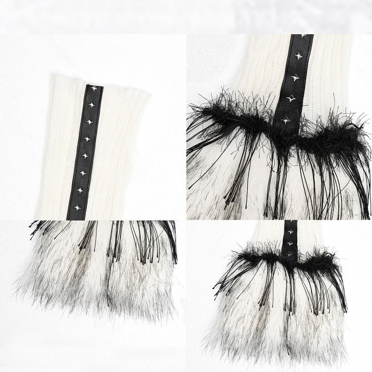 Schwarz-weiße Gothic-Strick-Beinwärmer mit Plüschbündchen