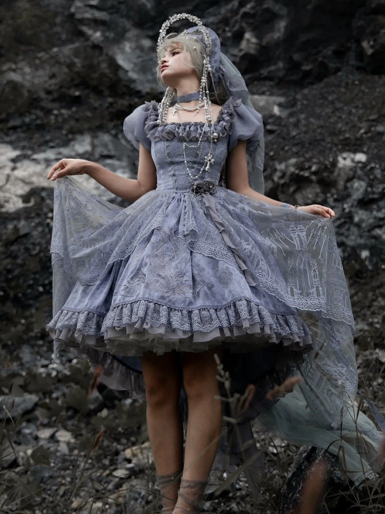 Gray Dragon Bone Embroidery High-low Skirt Dress Gothic Lolita OP with Cathedral Embroidery Overlay