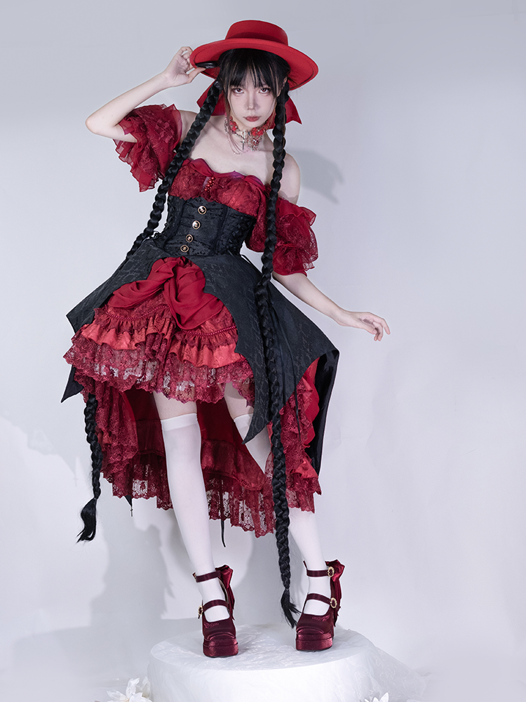 Janes High Platform Block Valley of Wine Lily Red Embroidery Mary Heel Bowknot the Detachable