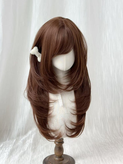 Chocolate Brown Long Straight Wig with Side-swept Bangs - Sleepy Fish
