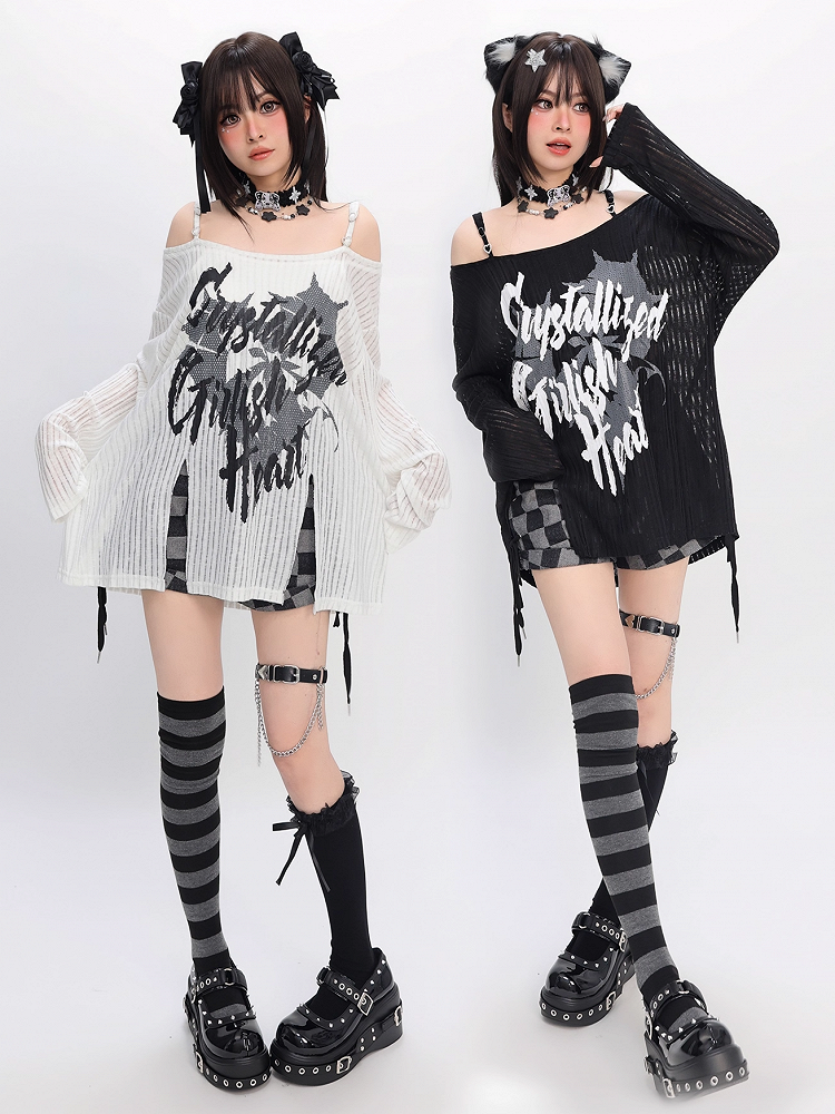 Y2K Schlitz Schwarz/Weiß Off-the-Shoulder Grafik Saum Ausschnitt Coverup