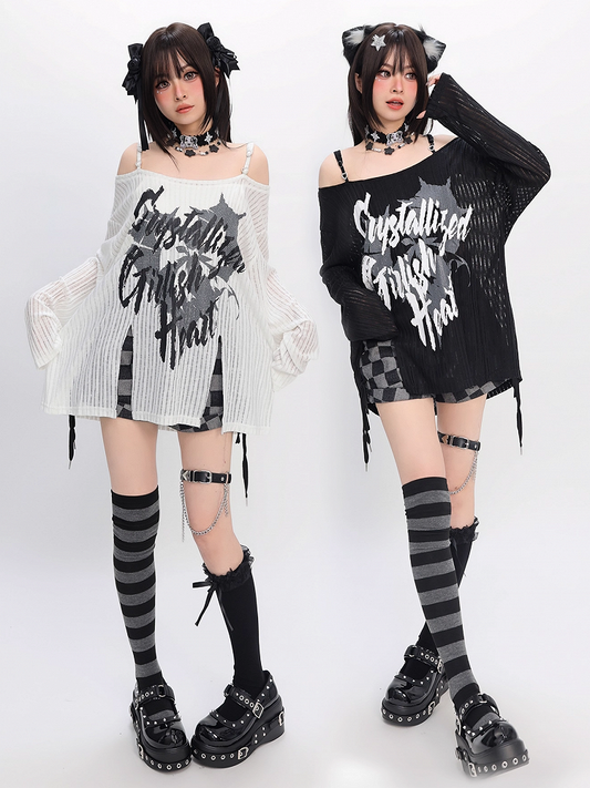 Y2K Schlitz Schwarz/Weiß Off-the-Shoulder Grafik Saum Ausschnitt Coverup