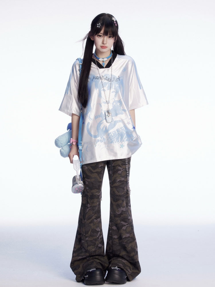 V-Ausschnitt Blau/Rosa Blokette T-Shirt Anime Girl Print Core Loose