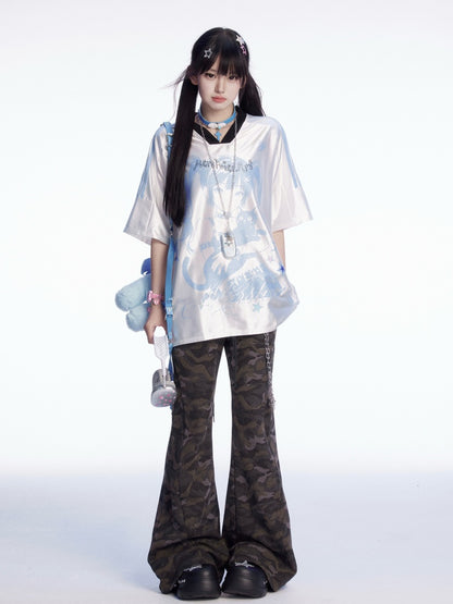 V-Ausschnitt Blau/Rosa Blokette T-Shirt Anime Girl Print Core Loose