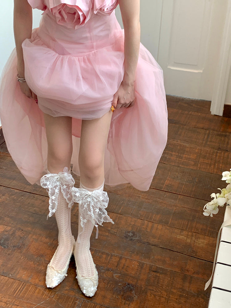 Lace White/Pink/Yellow/Blue Charm With Bowknot Socks Rhinestone