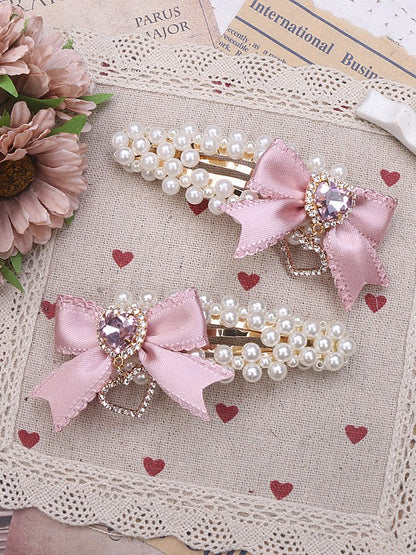Rhinestone Heart Jirai Bowknot Kei Pearl Hairclip Black/Pink