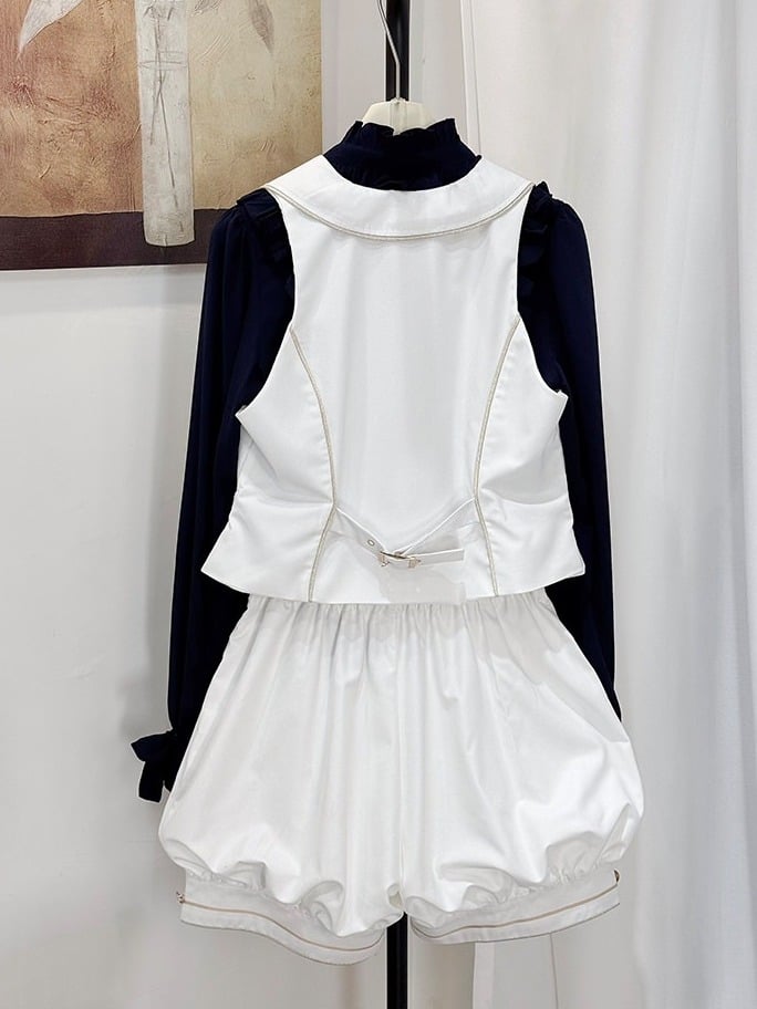 Ouji Lolita 4-Piece Set White Vest Blue Blouse Shorts & Bow - Castle Too