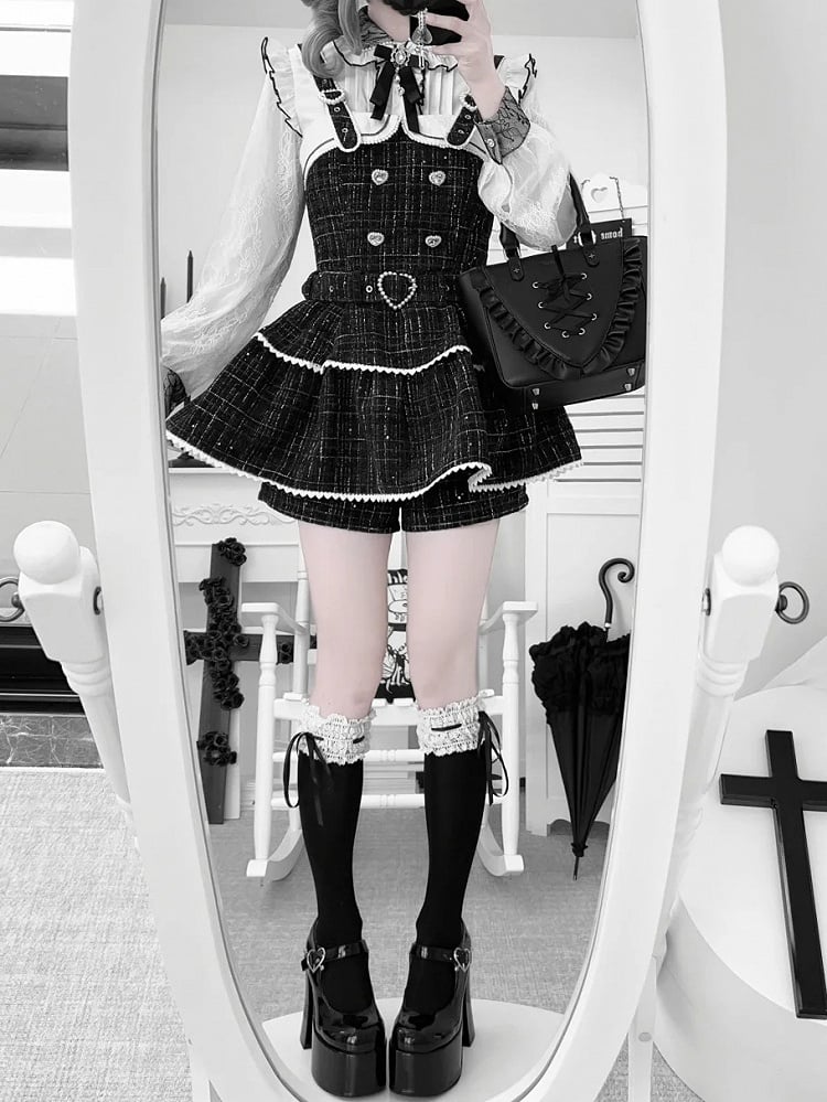 Tweed Jirai Dress Beaded Set: Heart Clasps Strap Overall Black Kei