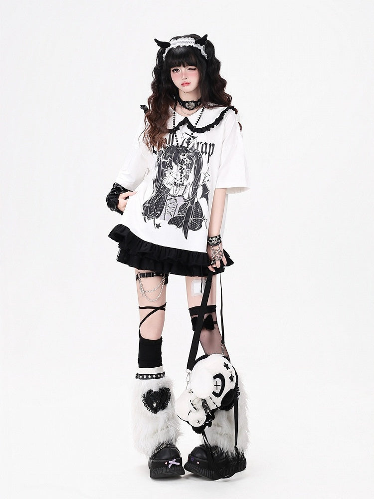 Anime Girl Print White Peter Pan Collar Short Sleeve T-Shirt with Ruffle Hem - CRAZY GIRL