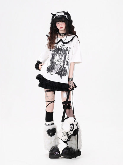 Anime Girl Print White Peter Pan Collar Short Sleeve T-Shirt with Ruffle Hem - CRAZY GIRL