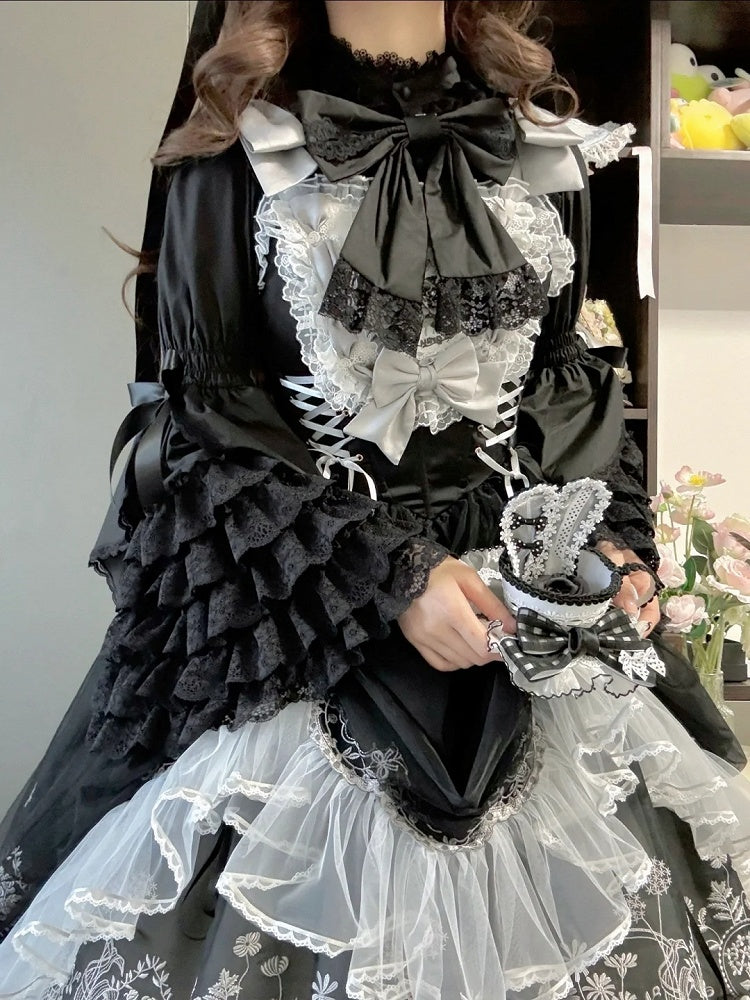 Layered Black Lolita Cotton Gorgeous Lace Bell Sleeves Blouse