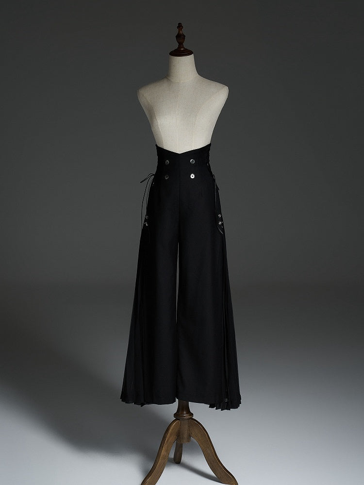 Ouji Style 110cm High Waist Wide-Leg Black Pants with Pleated Chiffon Panel - DevilInspired Exclusive Collection
